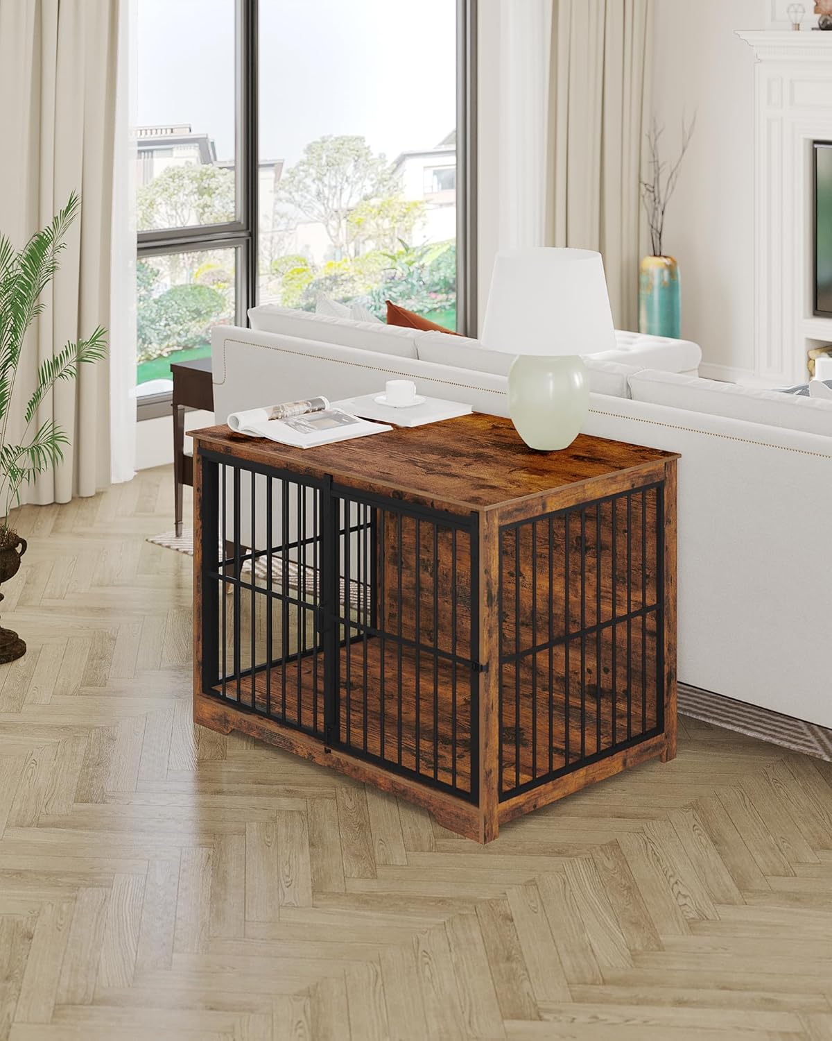 XL Large Dog Crate Furniture, 44.1" Indoor Dog Kennel Furniture with Barn Door, Wooden Tall Dog Crate, Heavy Duty Dog Cage for Large Dogs, Side End Table, Anti-Chew, Rustic Brown DFC80101B