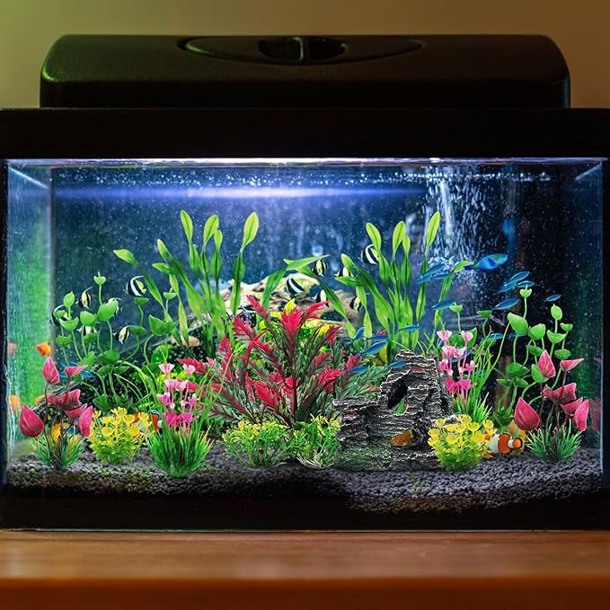 Fish Tank Accessories Aquarium Plants, 12pcs Colorful Fish Tank Artificial Plants and Cave Rock Decor Set, Aquarium Decorations Plants