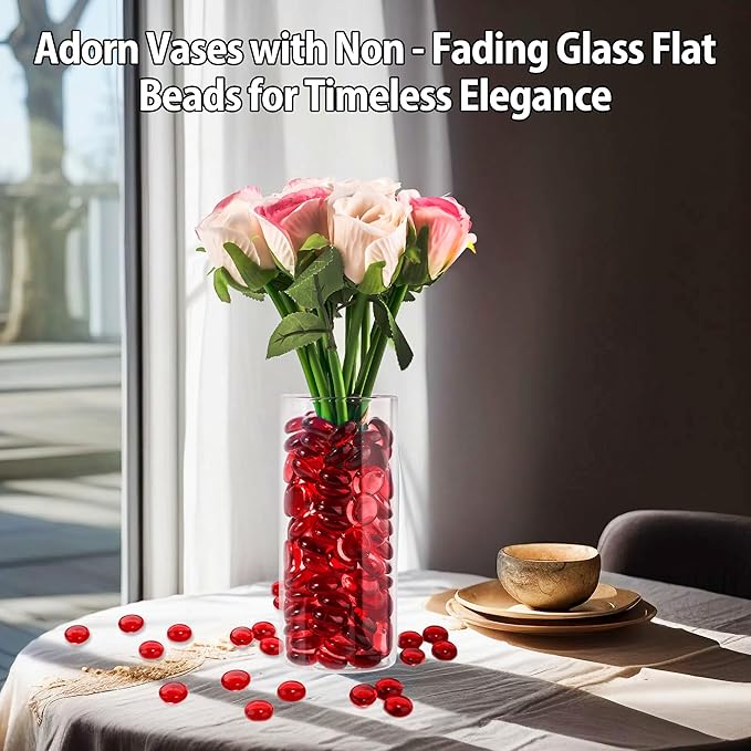 1LB Red Glass Marbles, Transparent and Smooth Flat Glass Beads for Vases, Mosaic Gem Pebbles for Aquarium Decor, Floral Arrangements, Mancala Stones, Vase Filler and Crafts (Approx. 80-100 PCS)