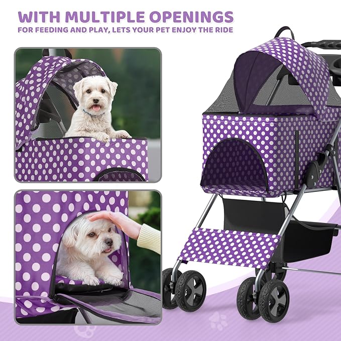 Magshion Foldable Pet Stroller, 3-in-1 Dog Travel Jogger with Detachable Carrier, Cup Holder, Storage Basket, Folding Carrier for Small/Medium Dogs & Cats Up to 33 lbs, Purple Polka Dots