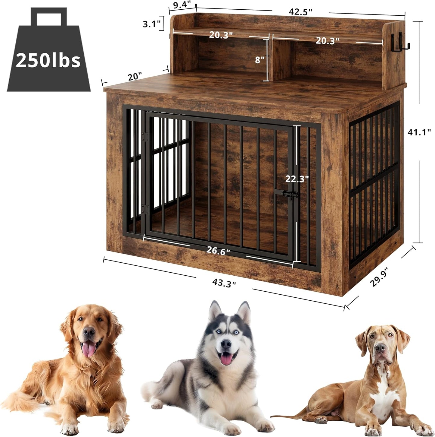 IRONCK Extra Large Dog Crate Furniture, 43.3 inches Wooden Dog Crate with Storage and 4 Hooks, Heavy Duty Pet Crate for Large Dog, Decorative Pet Cage for Indoor (30" L x 43.3" W x 41.1" H)