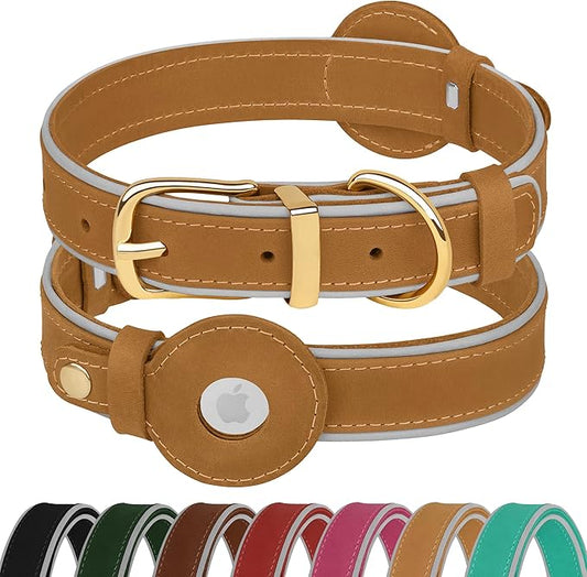 OOPSDOGGY Reflective Geniune Leather Airtag Dog Collar Soft Padded Collars for Small Medium Large Breed Dogs Puppy, 4 Sizes, 7 Colors (Camel, Small, 9"-12")