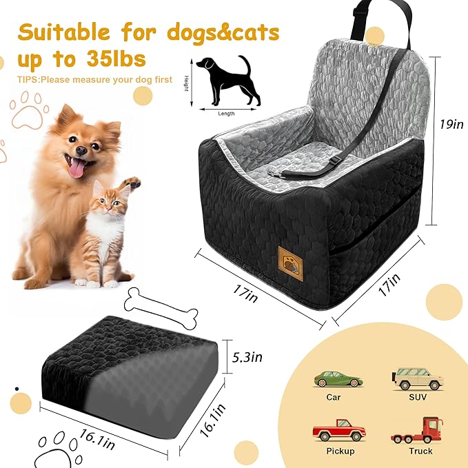 Dog Car Seat for Small/Medium Dogs, Memory Foam Dog Booster Seat, Travel Safety Per Car Seat with Washable Removable Cover, Storage Pockets, up to 35 lbs(BlackGray)