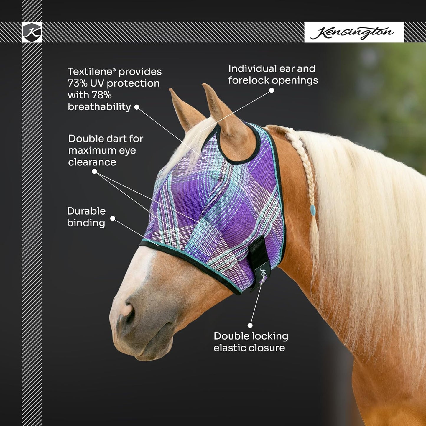 Kensington UV Horse Fly Mask with Web Trim - Protective Mask with Dual Ear Opening & Forelock Freedom - XLarge, Desert Sand