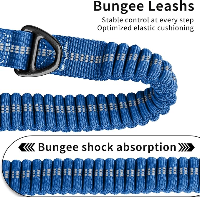 Heavy Duty Tactical Bungee Dog Leash, 4-6FT Shock Absorbing Tactical Dog Leash with 2 Padded Handles, Metal Carabiner Clip,Car Seatbelt, Reflective Dog Leashs for Medium Large Dogs (Blue)