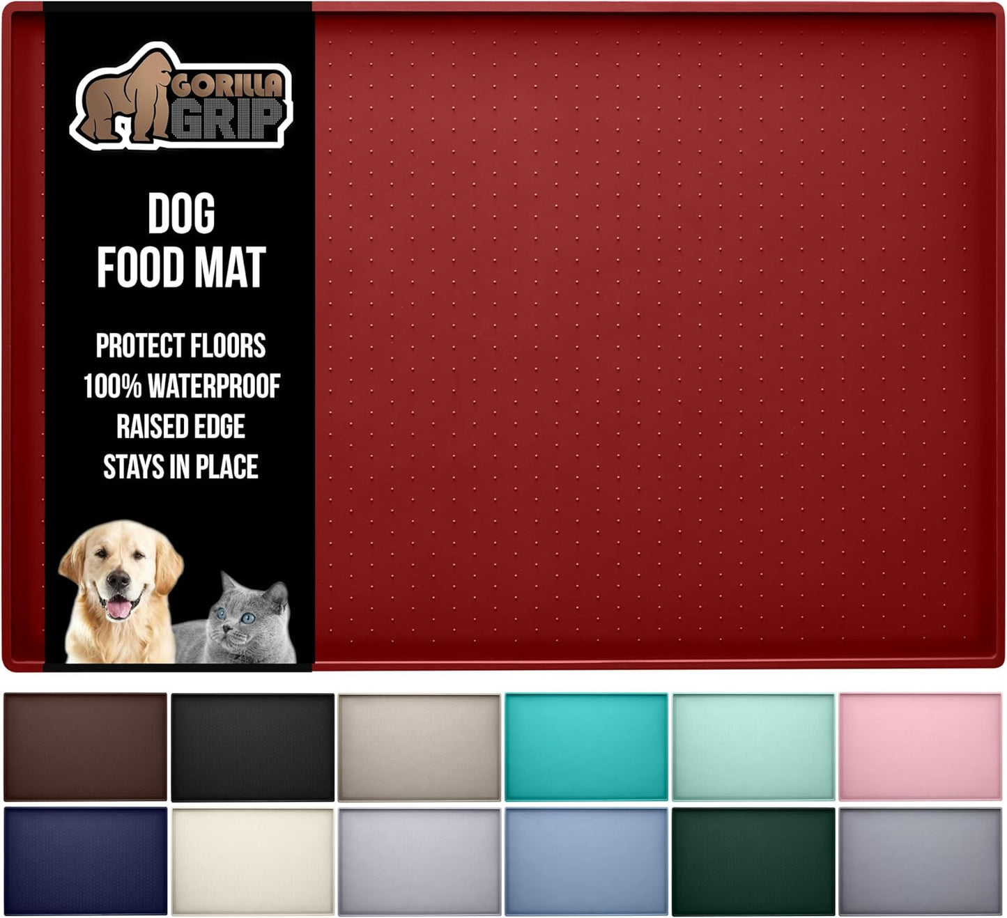 GORILLA GRIP 100% Waterproof Raised Edge BPA Free Silicone Pet Feeding Mat, Dog Cat Food Mats Contain Spills Protects Floors, Placemats for Cats and Dogs Water Bowl, Pets Accessories 32x24 Red
