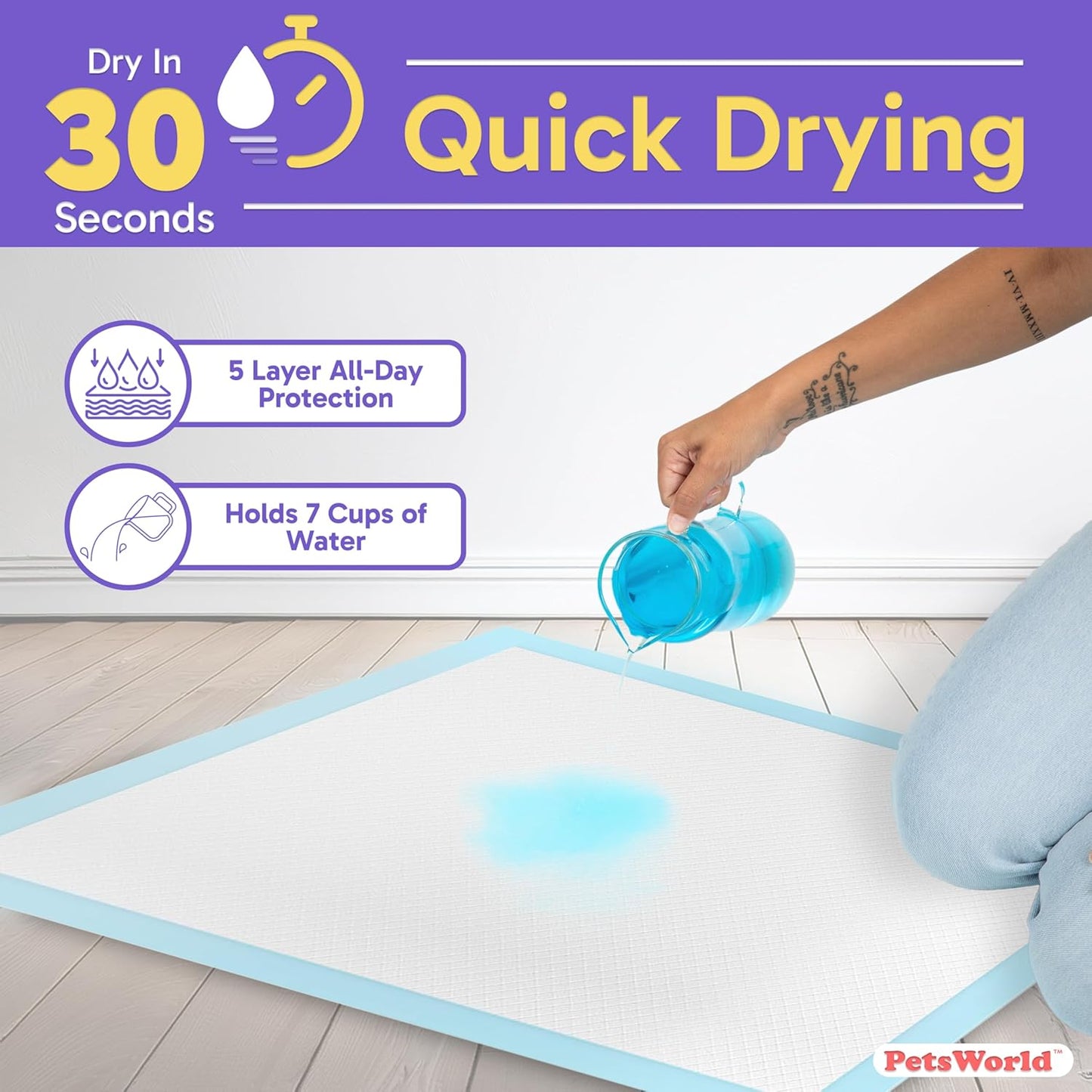 PETSWORLD Giant Dog Potty Pads, Odor-Eliminating, 36" x 36", Ultra Absorbent 5-Layer Leak-Proof Training Pads for Dogs & Cats (36x36, 100 Count)