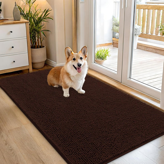 OLANLY Dog Door Mat for Muddy Paws 54x32, Absorbs Moisture and Dirt, Absorbent Non-Slip Washable Doormat, Quick Dry Chenille Mud Mat for Dogs, Entry Indoor Entryway Carpet for Inside Floor, Brown