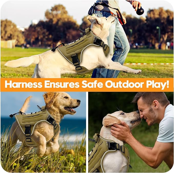 Heavy-Duty Tactical Dog Harness for Large Dogs, No Pull Adjustable Reflective Pet Vest with Molle System, K9 Military-Grade Control for Service Training, Outdoor & 10+ Breeds, Khaki, XX-Large