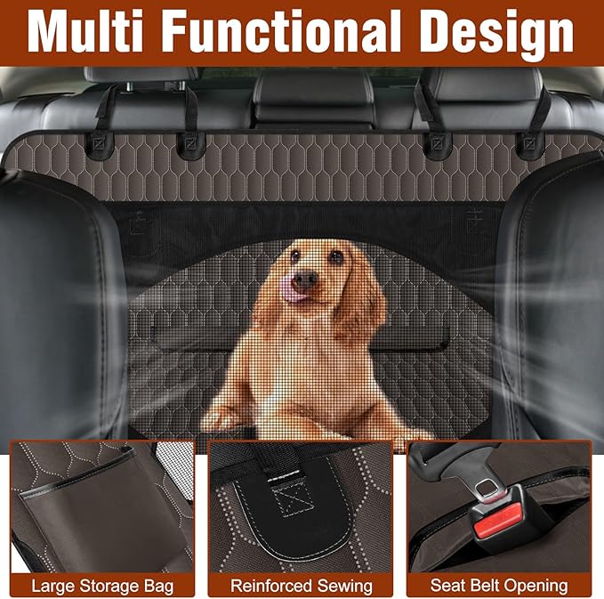 Waterproof Dog Car Seat Cover - Scratch Proof Nonslip Back Seat Hammock with Mesh Window & Storage Pocket for SUVs/Trucks/Sedans-S, Brown/Black