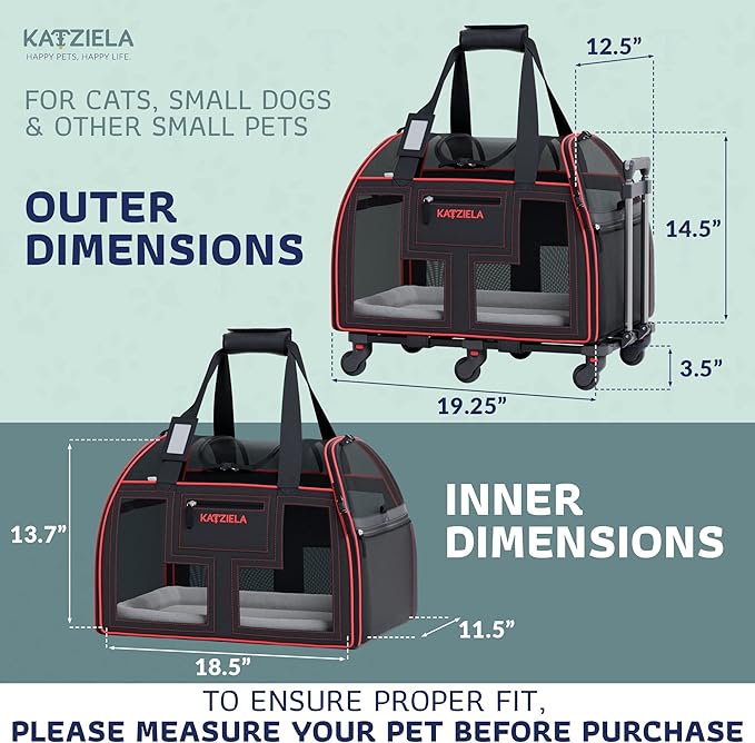 Airline Compliant Pet Carrier - Rolling Portable Travel Carry Crate for Small Dog Puppy or Cat - Soft Removable Wheeled Design with Mesh Window Sides - Airplane and TSA Compliant- by Katziela
