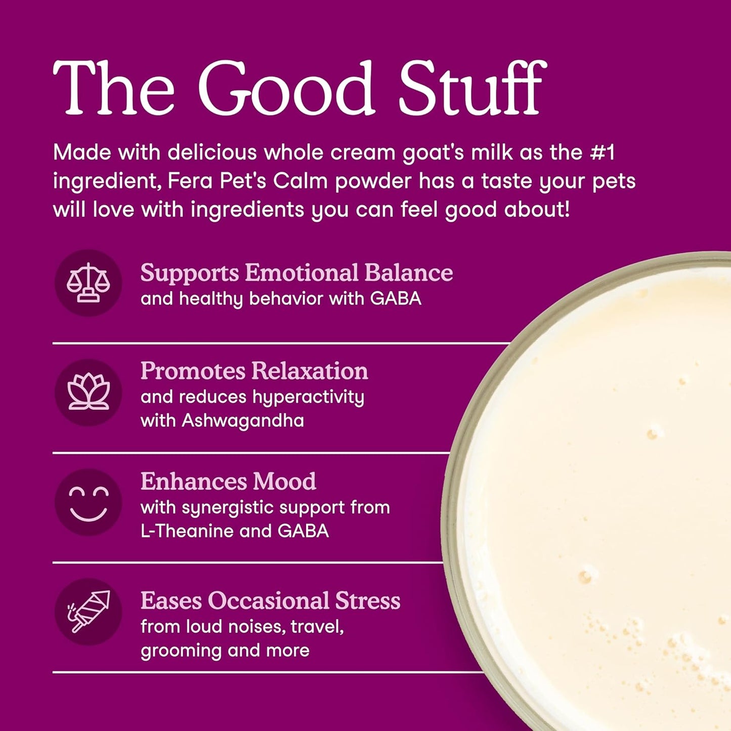 Fera Pets Goat Milk - Calming Supplement for Dogs & Cats - Ashwagandha, L-Theanine, & Passion Flower - Supports Anxiety Relief & Relaxation - for Picky Eaters - 60 TSP