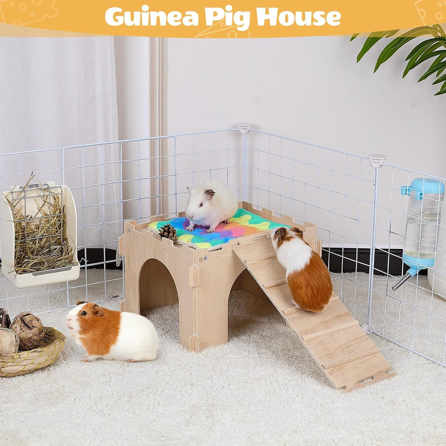 Guinea Pig Hideout, Guinea Pigs House with Stairs and Mats Extra Large Guinea Piggy Castle Detachable Hideouts for Small Animals Wooden Guinea Pig Habitats with Multiple Doors and Windows