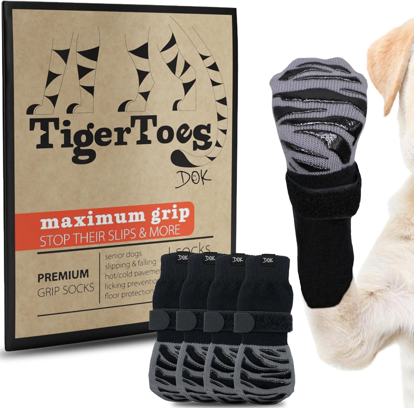 DOK TigerToes Premium Non-Slip Dog Socks for Hardwood Floors - Extra-Thick Grip That Works Even When Twisted - Prevents Licking, Slipping, and Great for Dog Paw Protection (X-Small)