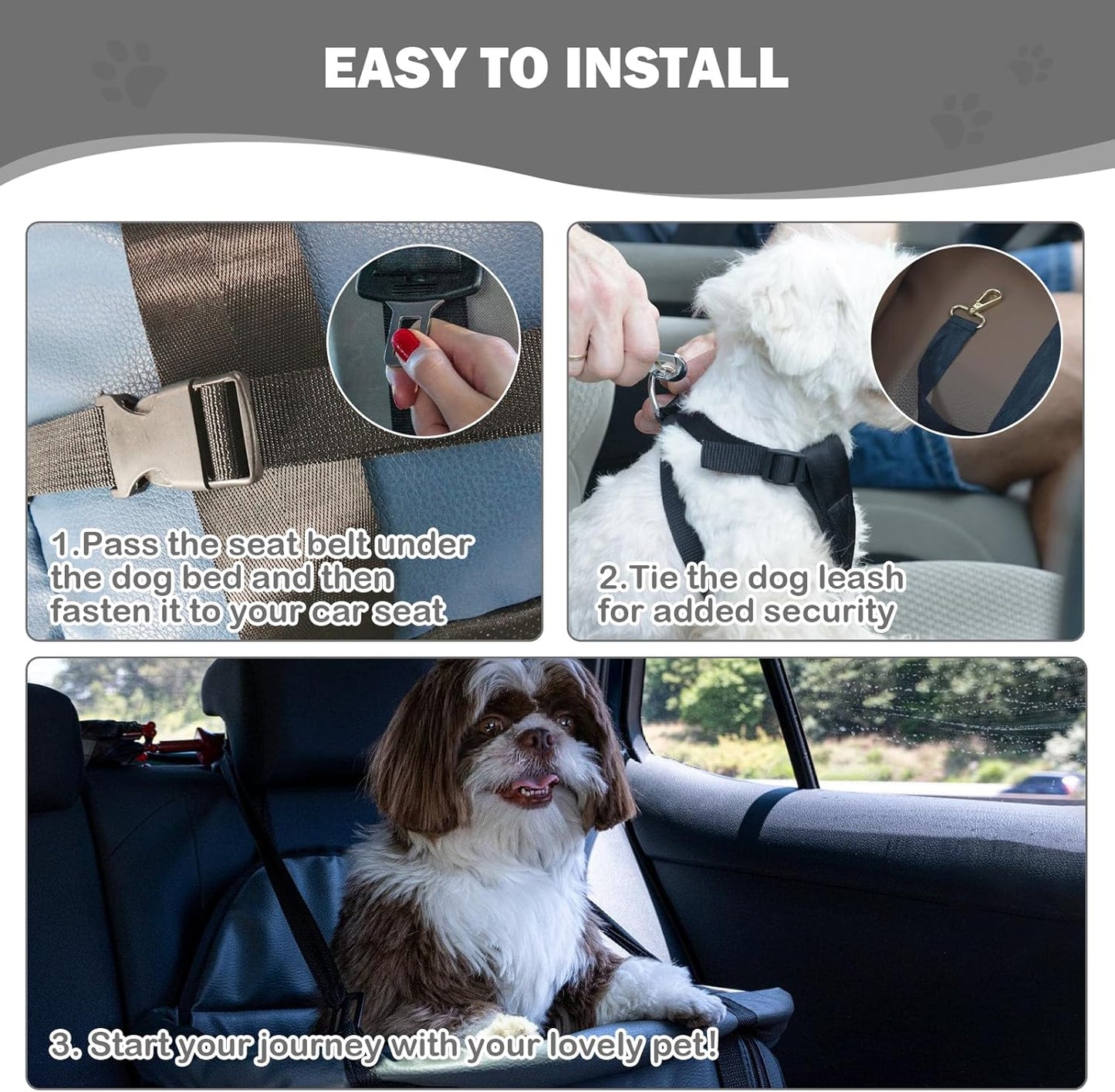 Dog Car Seat for Small Dogs, Large Leather Dog Car Bed with Storage Pocket, Waterproof PVC Leather Booster Seat Travel Bed for Front & Back Seat, Clip-On Safety Leash (Blue/Brown)