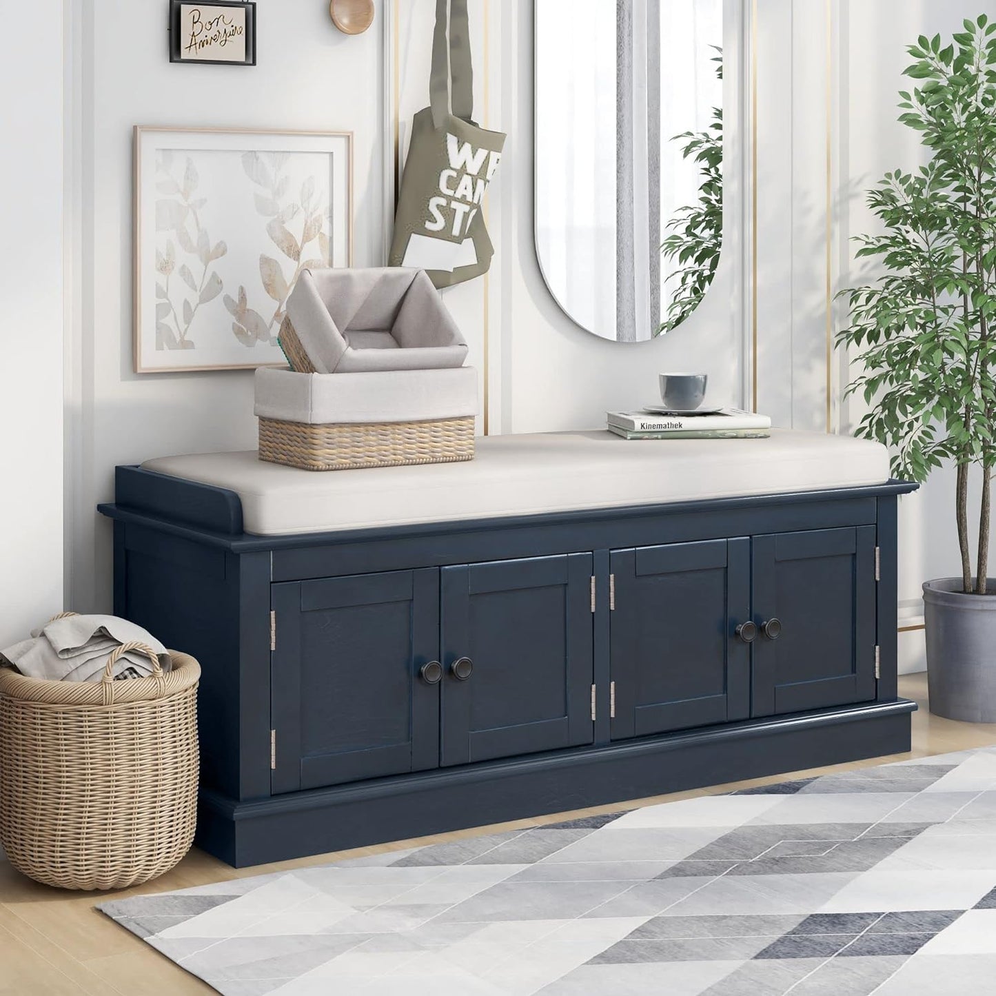 Storage Bench with 4 Doors and Adjustable Shelves, Shoe Bench with Removable Cushion for Living Room, Entryway 42.7" L x 16" W x 17.4" H (Antique Navy)