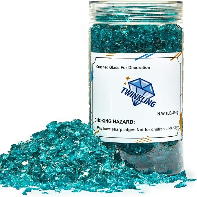 TWINKLING High Luster Fire Glass Gravel Stone Glitter,Broken Glass,Fire Gems Chips,Crushed Glass for Fire Pit Crafts Resin Art Aquarium Garden Decoration,3-6mm,1-Pound Jar (Turquoise)