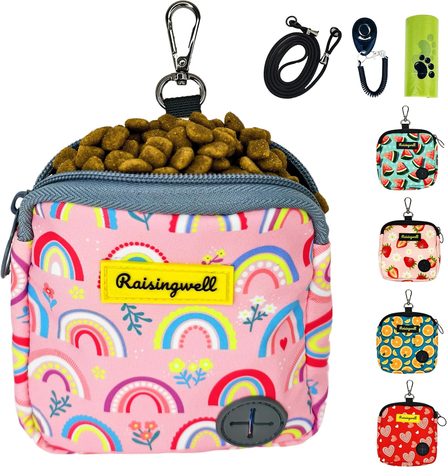 Dog Treat Pouch for Pet Walking and Training with Clicker Poop Bags Small Fanny Zipper Pack Holder for Puppy Snack Dispenser Kit for Leash and Outdoor Use (Rainbow)