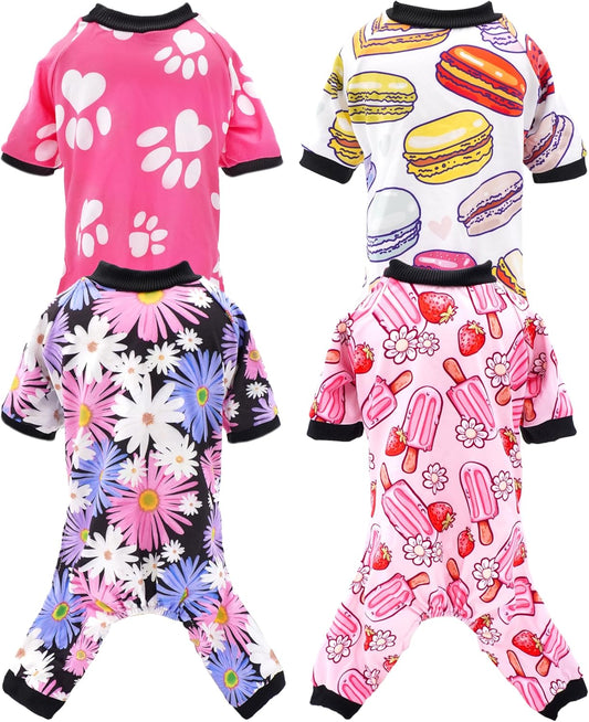 PET SHOW 4 Pack Dog Pajamas for Medium Large Dogs Girl Soft Stretchy PJs Paw Floral Jumpsuit Dog Doughnut Ice Cream Onesies Outfits with Sleeve Pets Breathable Summer Clothes Costume XXL