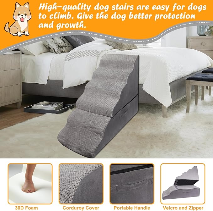 Dog Stairs&Steps for 30 Inches High Bed Up to 30-36 Inch Tall, Pet Cat Ramp Ladder for Small Dogs, Doggie, Old Cats, Kitty, Small Animals Grey