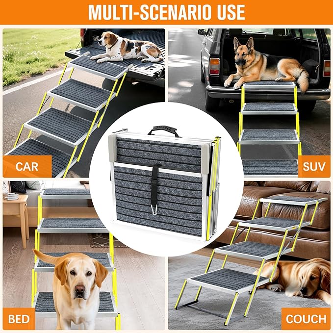 Reflective 20" Wide Dog Car Ramp, 4-Step Aluminum Stairs with Non-Slip Carpet - Foldable Design for Trucks/SUVs/Beds - Heavy Duty 200Lbs Capacity for Large Breeds