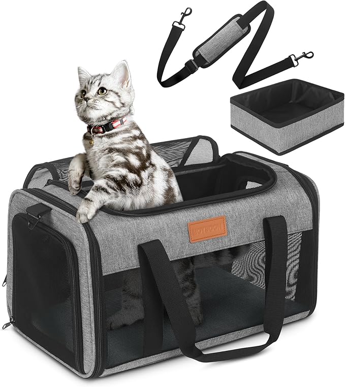PETUX Pet Carrier Airline Approved, 17"x11"x9.5" Cat Carrier Soft with Anti-Scratch Mesh for Small Cats up to 12 lb, Top Open Portable Dog Carriers with Little Box for Puppy up to 10 lb (Grey)