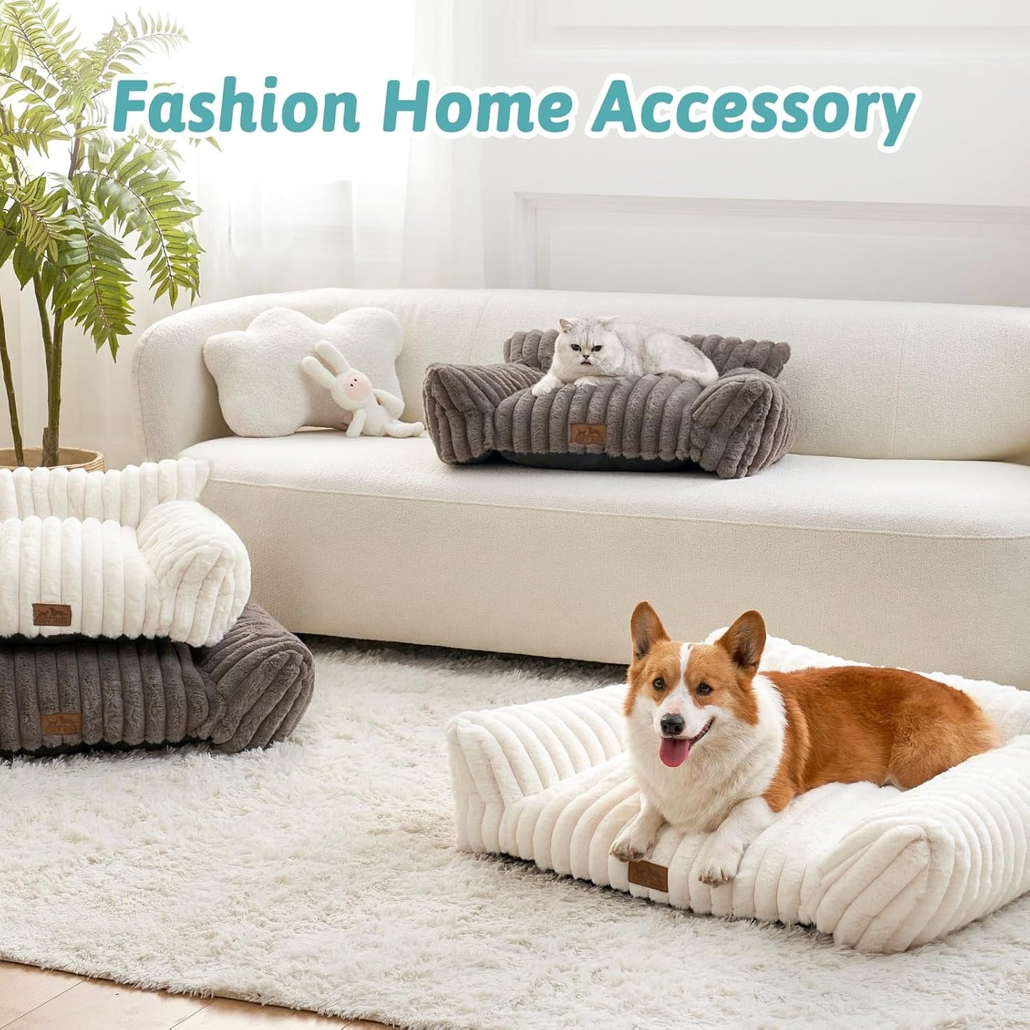 Cute Cat Couch, Premium Plush Faux Fur Pet Couch Bed, Ultra-Soft Pet Furniture for Cats & Small Dogs (Grey, M: 31.5''x23.5'')