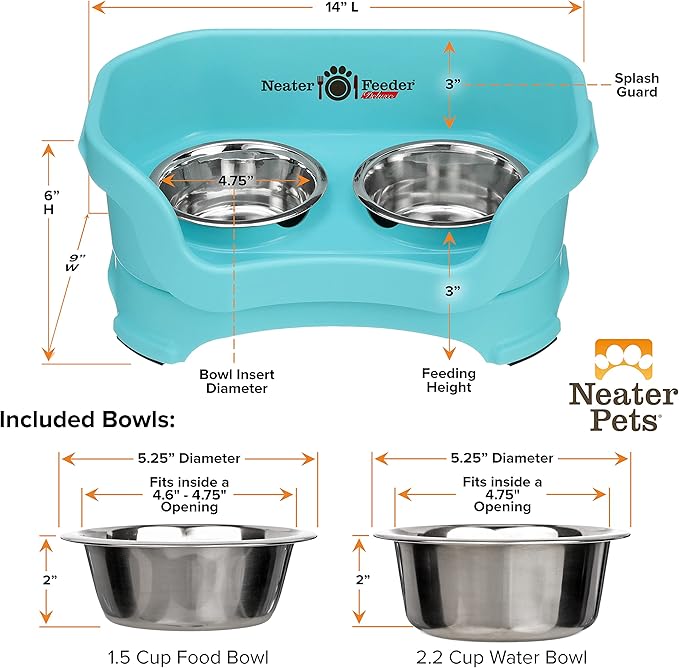 Neater Pet Brands Neater Feeder Deluxe Mess Proof Dog Bowls Elevated for Small Dogs Under 19 lbs, Made in USA, No Spill Raised Dog Food Bowl Stand Feeding Station, Food and Water Bowl Set, Aquamarine