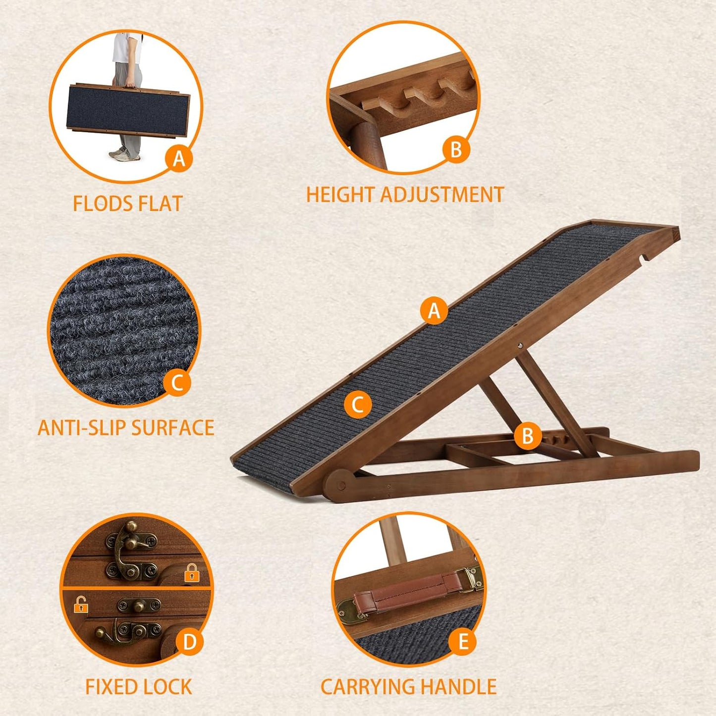 Dog Ramp for Bed Couch - Pet Steps Stairs to Get on Bed Couch 11.8"-19.6" High for Small or Large Dog Up to 200 lbs, Adjustable Wooden Dog Ramp Steps Foldable Portable, Anti-Slip Carpet (Natural)