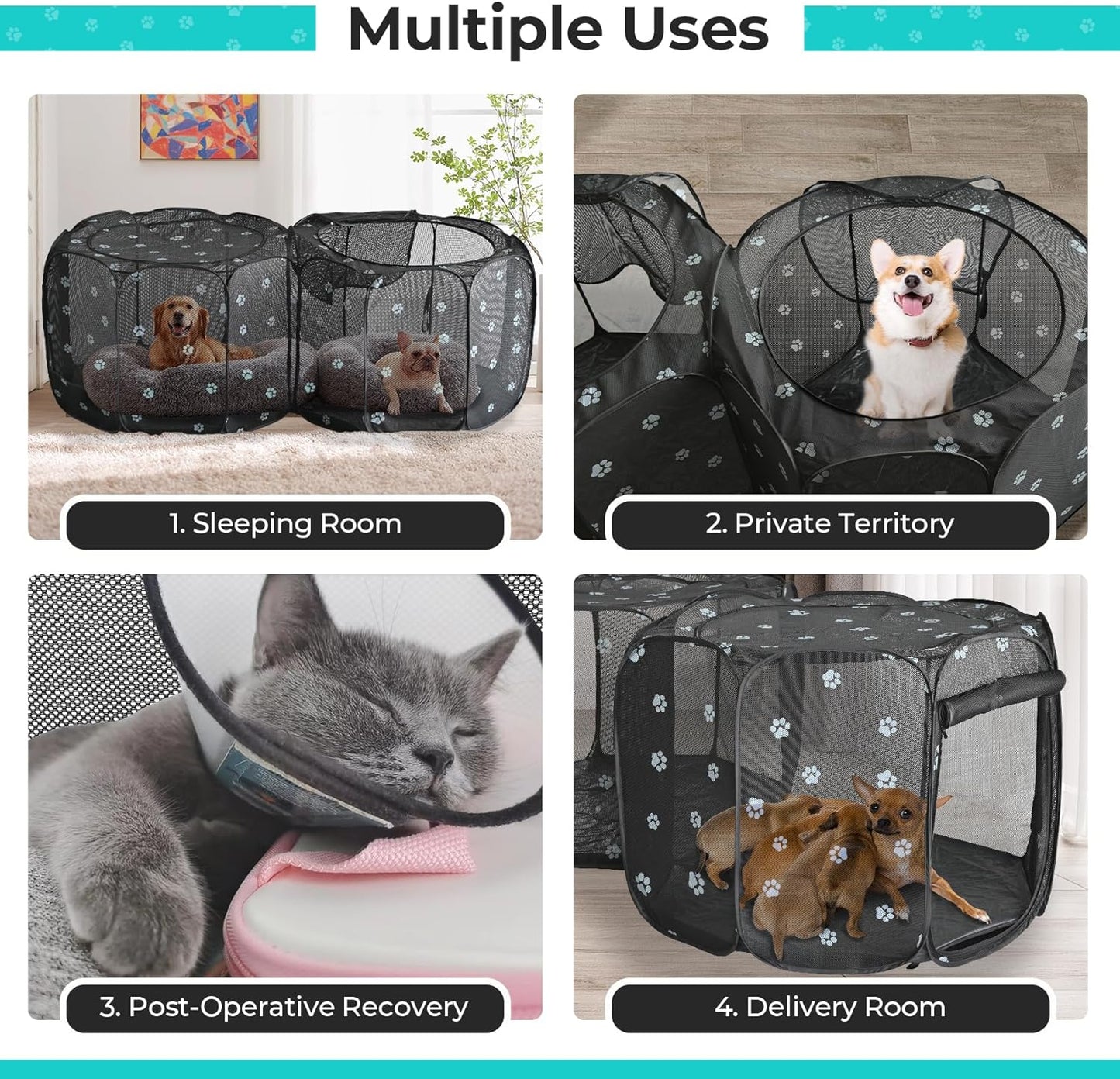 2-in-1 Cat Playpen, Pop Up Dog Pet Playpen for Indoor Outdoor Cats Enclosed, Portable Pet Playpen, Kitten Puppy Foldable Play Pen Cat Dog Tent Crate Cage Kennel(No Divider, Unified Space)