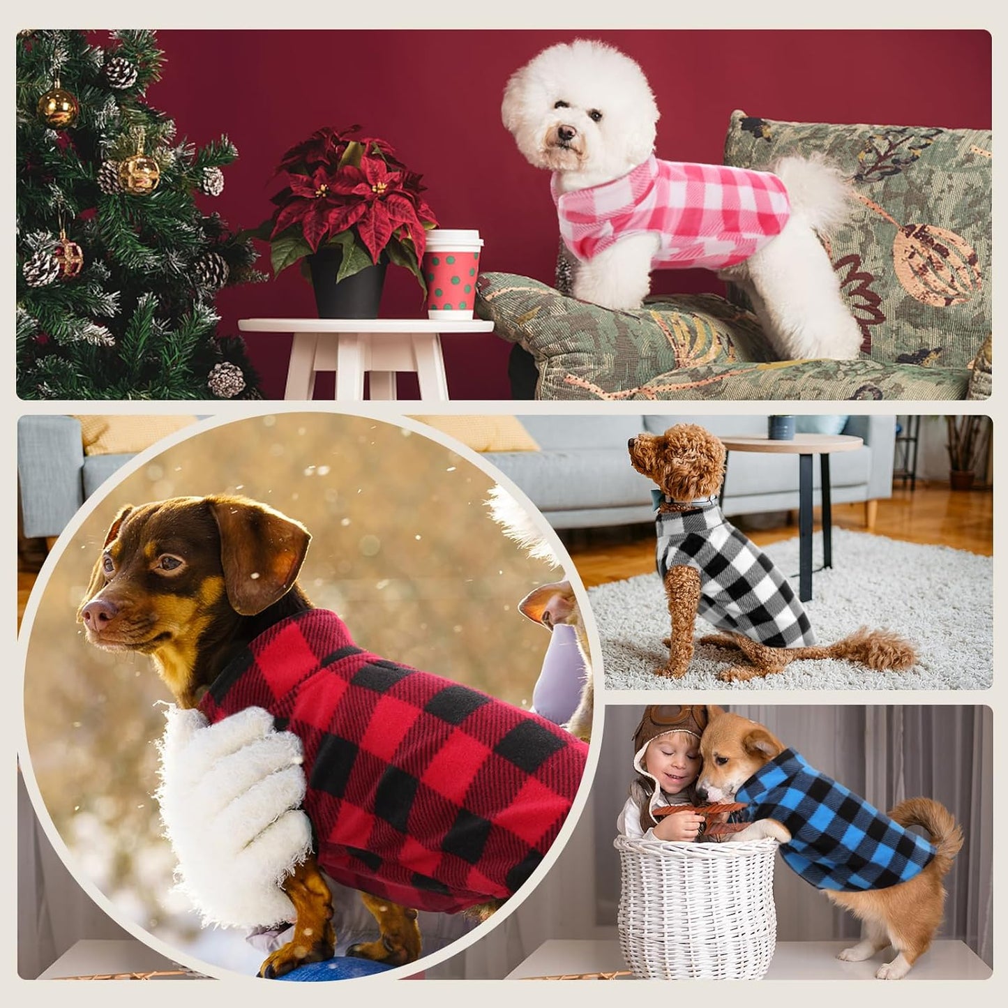 Kuoser Dog Fleece Vest,Warm Plaid Dog Sweater with Leash Hole,Soft Turtleneck Winter Pet Jacket Dogs Coat Pullover Clothes for Small Medium Dogs Cats,Spring Fall Cold Weather Christmas Outfit,Red XXS
