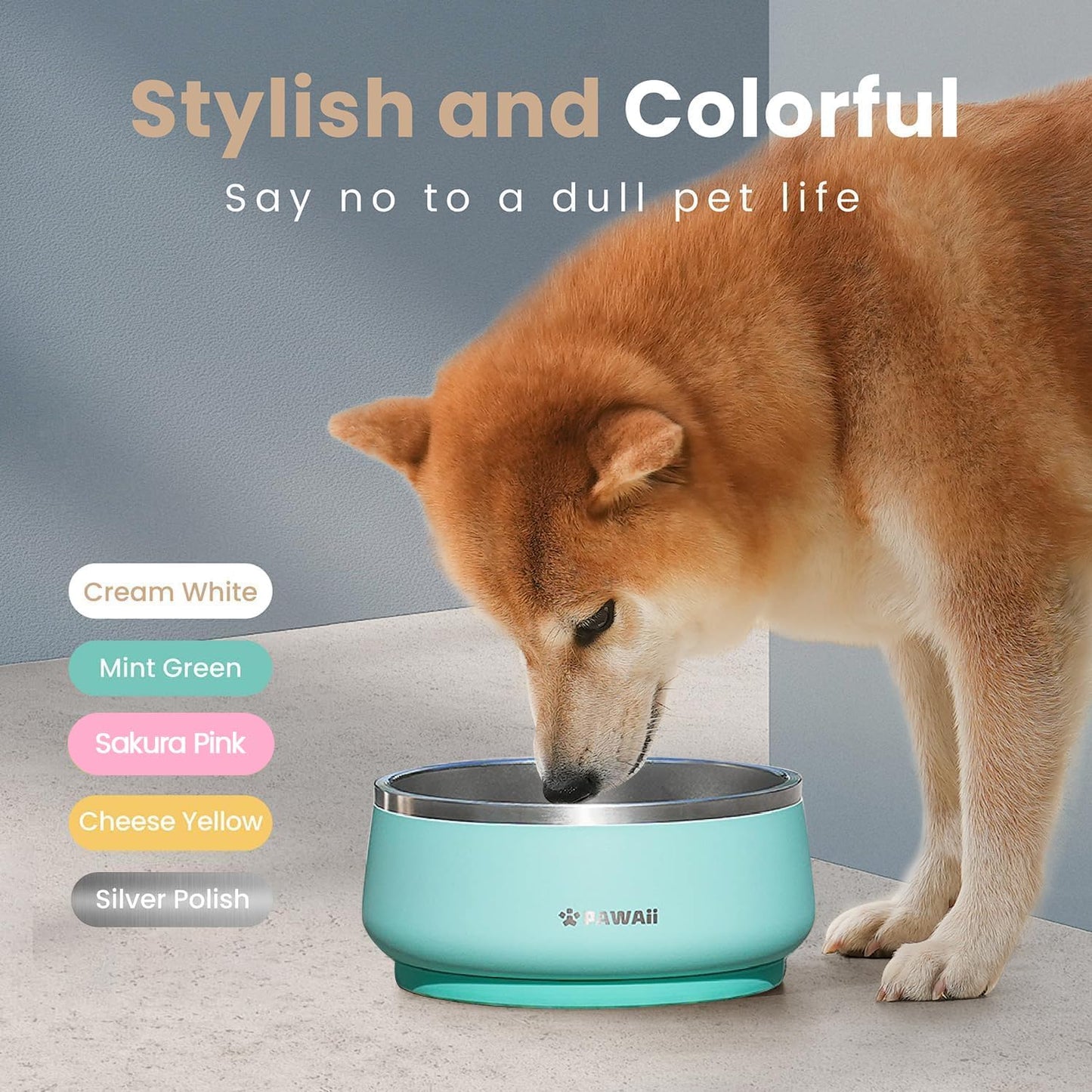 Pawaii Stainless Steel Dog Bowl with Non-Slip Rubber Base & Double Wall Insulation - Durable Design | Includes ID Tag | Dishwasher Safe Food & Water Bowl for All Dogs (68oz)
