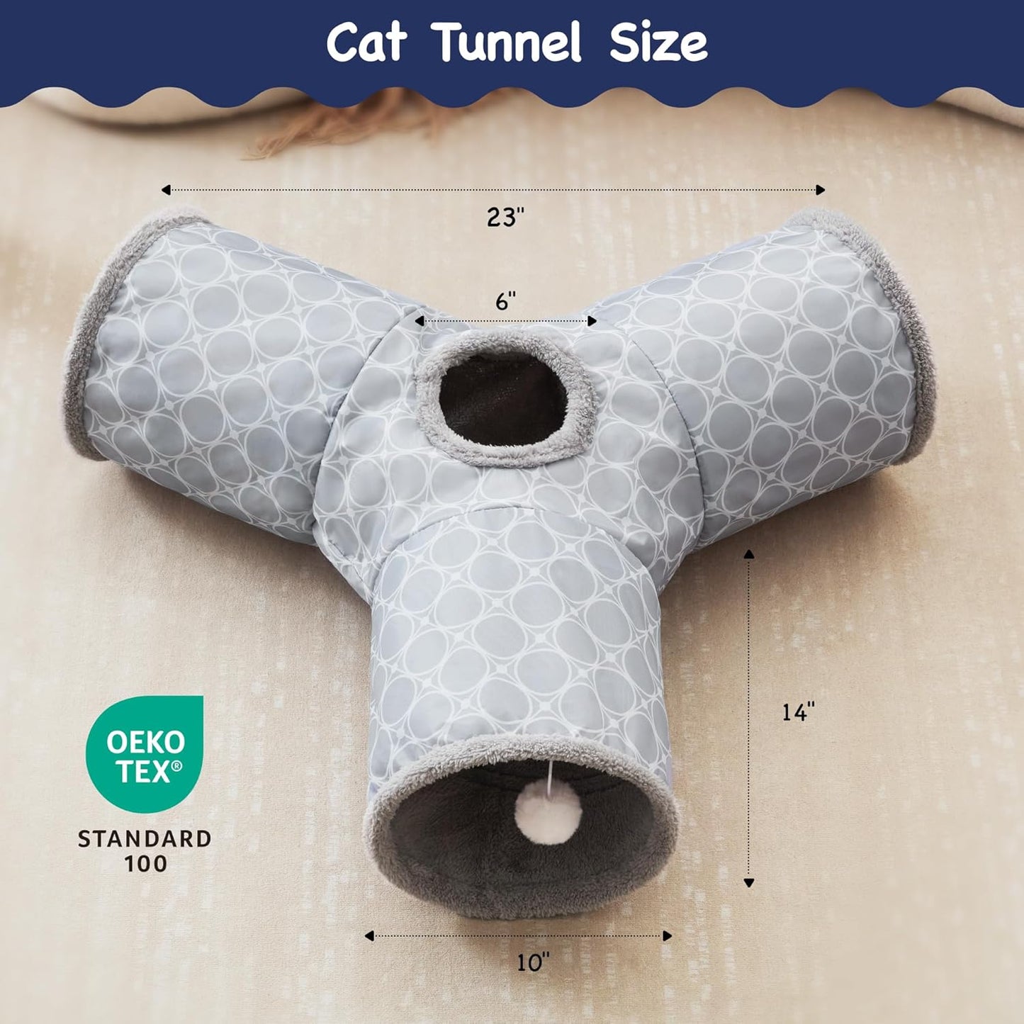 Tempcore Pet Cat Tunnel Tube Cat Toys 3 Way Collapsible, Cat Tunnels for Indoor Cats Fleece-Lined in for Warmth，Kitty Tunnel Bored Pet Toys Peek Hole Toy Ball Cat, Puppy, Kitten, Geometry Grey