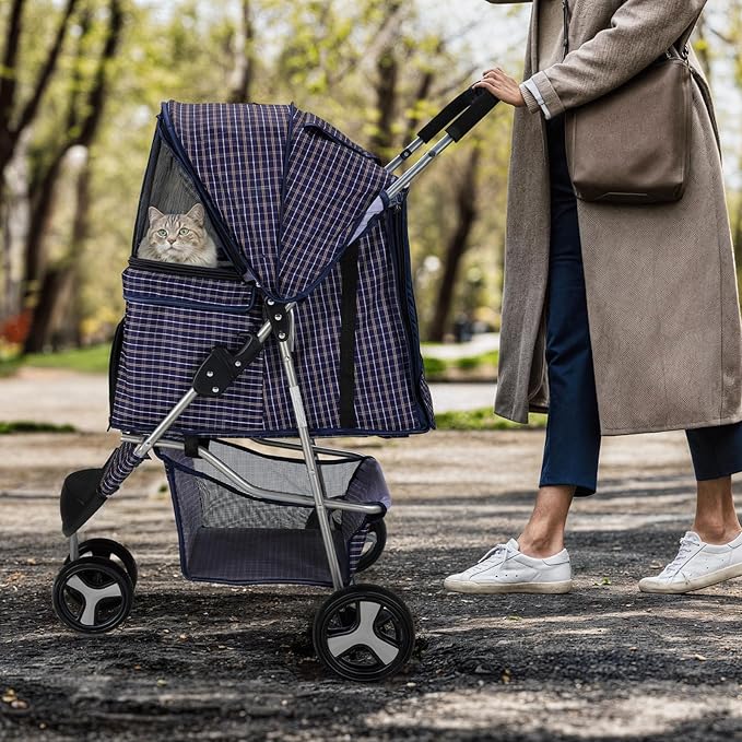 MoNiBloom 3 Wheels Pet Dog Cat Stroller for Small Medium Dogs Cats, Lightweight Foldable Jogger Stroller w/Storage Basket and Cup Holder, Plaid