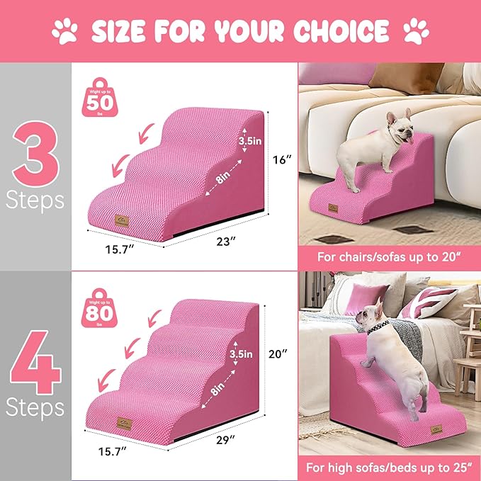 Dog Ramp and Stair for Bed 16" H-20 H,3-Step Cat Stair for Sofa and Chair,4-Step Dog Ramp for High Bed and Window,Durable Nonslip Fabric Cover for Indoor (Pink-20 H, Pet Friendly, 4)