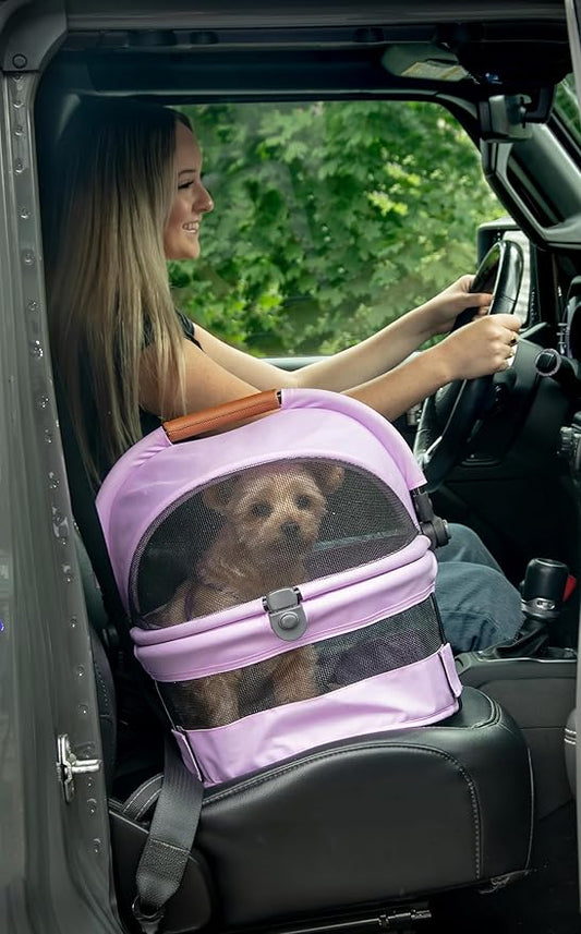 Pet Gear No-Zip View 360 Ultra Lite Pet Safety Carrier & Car Seat for Small Dogs & Cats Push Button Entry, 15", Bright Lilac
