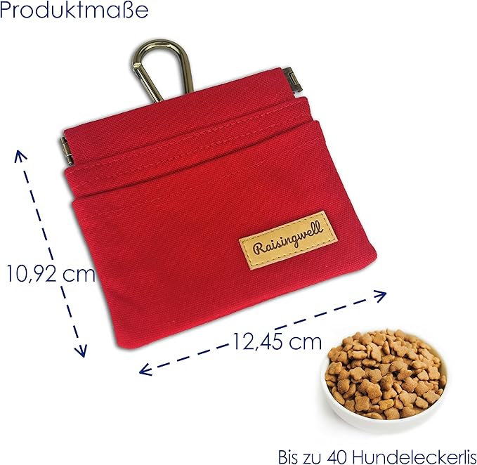 Dog Treat Pouch, Red Pocket Sized Pet Training Pouch, Cotton Fabric, Hand Free Dog Walking Bag with Carabiner, Self-Closing Pet Feed Snack Reward, for Puppy Travel or Outdoor Use