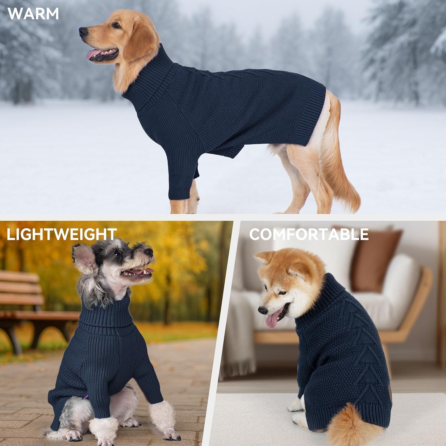 cyeollo Dog Sweaters for Medium Dogs Boy, Stretchy Warm Turtleneck Doggy Clothes for Fall Winter, Thermal Knit Pet Apparel with Sleeves, Navy XL