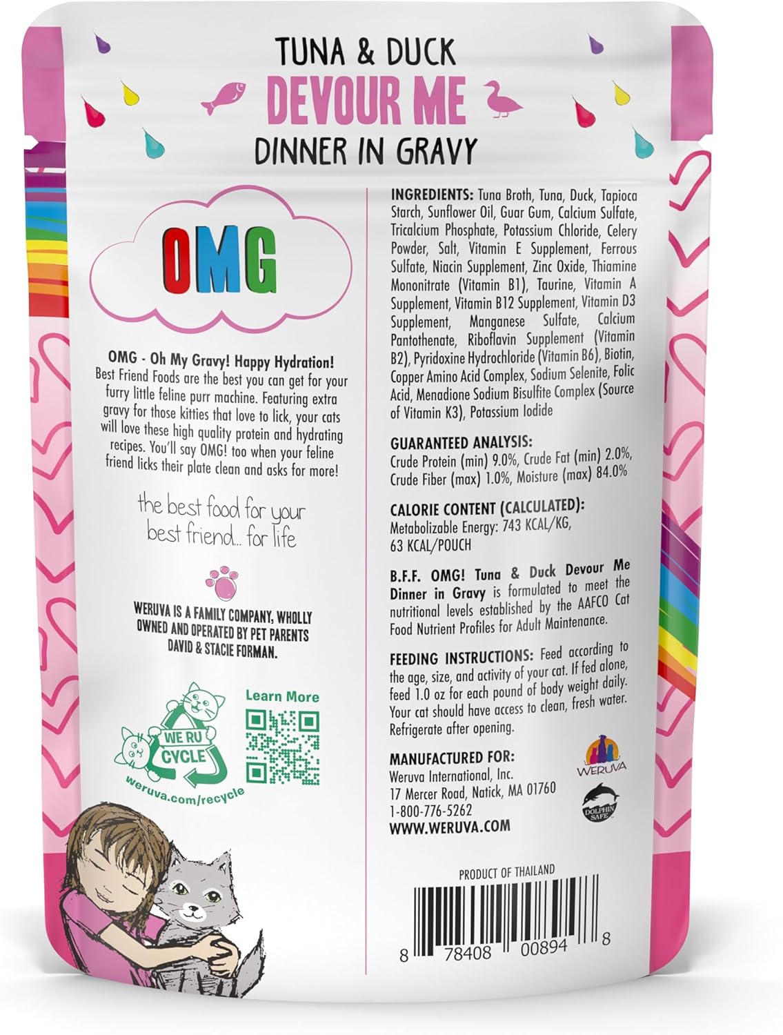 Weruva B.F.F. OMG - Best Feline Friend Oh My Gravy!, Tuna & Duck Devour Me with Tuna & Duck in Gravy Cat Food, 3oz Pouch (Pack of 12)