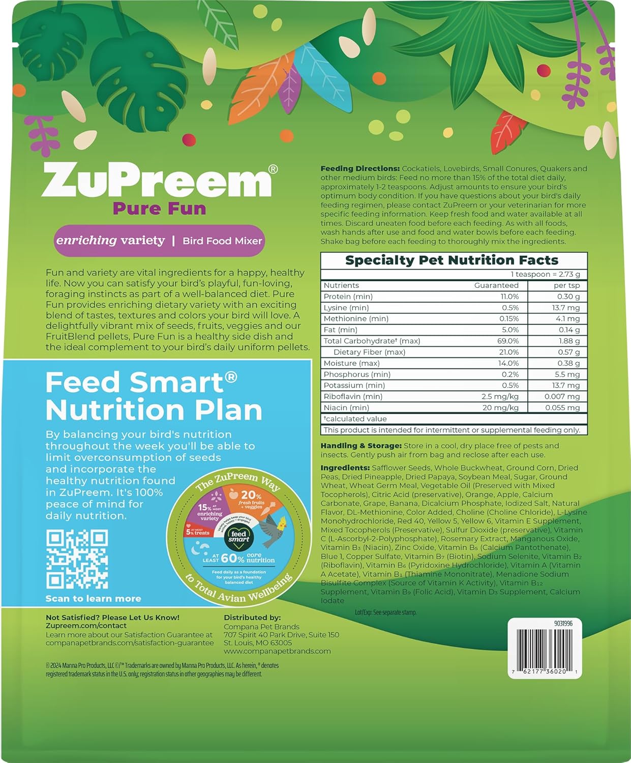 ZuPreem Pure Fun Bird Food, Cockatiel, Lovebird, Quaker, Small Conure, Lorikeet, Seed and Pellet Blend for Medium Birds, Food Mixer Topper, Enriching Variety, Made in USA (M, 2 lbs)