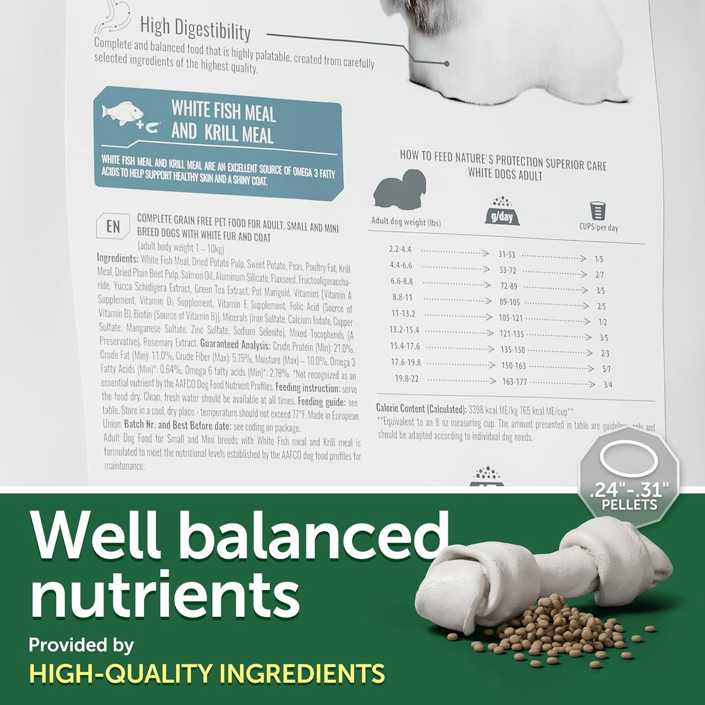 Nature's Protection Superior Care White Dogs Grain-Free Dry Dog Food - High Protein, Tear Stain Dog Food for Small & Mini Breeds Light Coated Adult Dogs, Fresh Pet Meal, White Fish, 3.3 lb