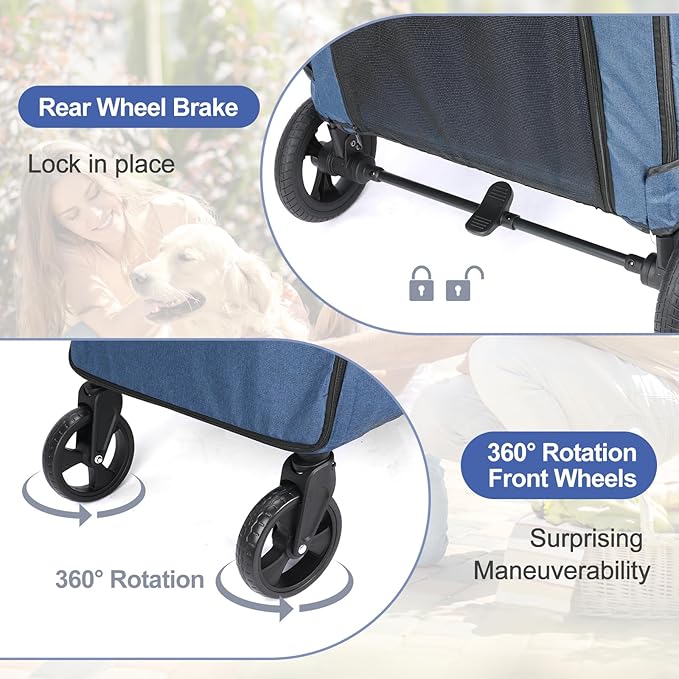 Large Dog Travel Stroller with 4 Heavy Duty Wheels Pet Stroller with Adjustable Handle - Double Doggie Capacity Jogger Wagon with Back Front Door for Small Medium Large Dogs (Navy-C)