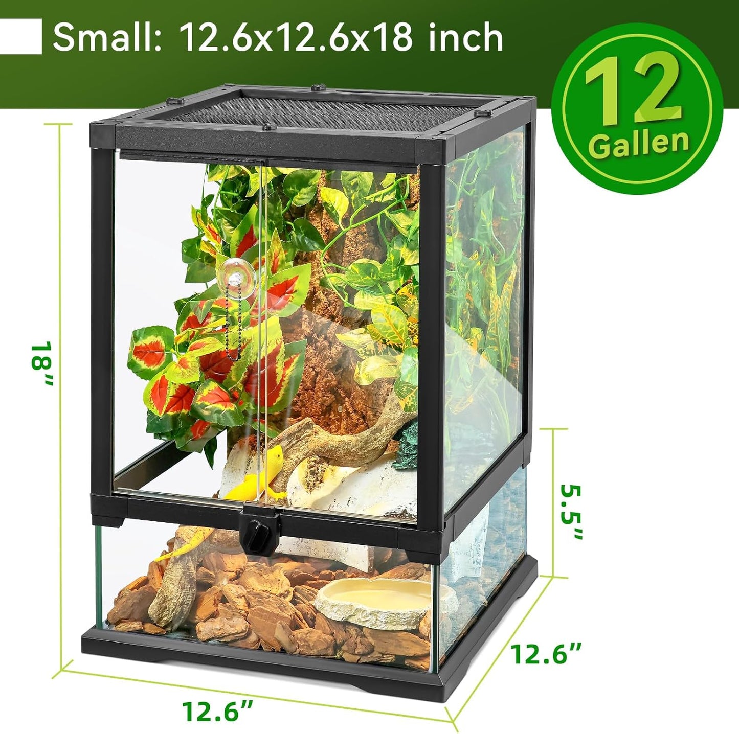 18x12x12 12 Gallon Glass Reptile Tank Front Opening Terrarium Suitable for Leopard Geckos, Snakes Tree Frogs Chameleons Watertight Base, Ventilated Metal Mesh Top, Pre-Drilled Cable Holes