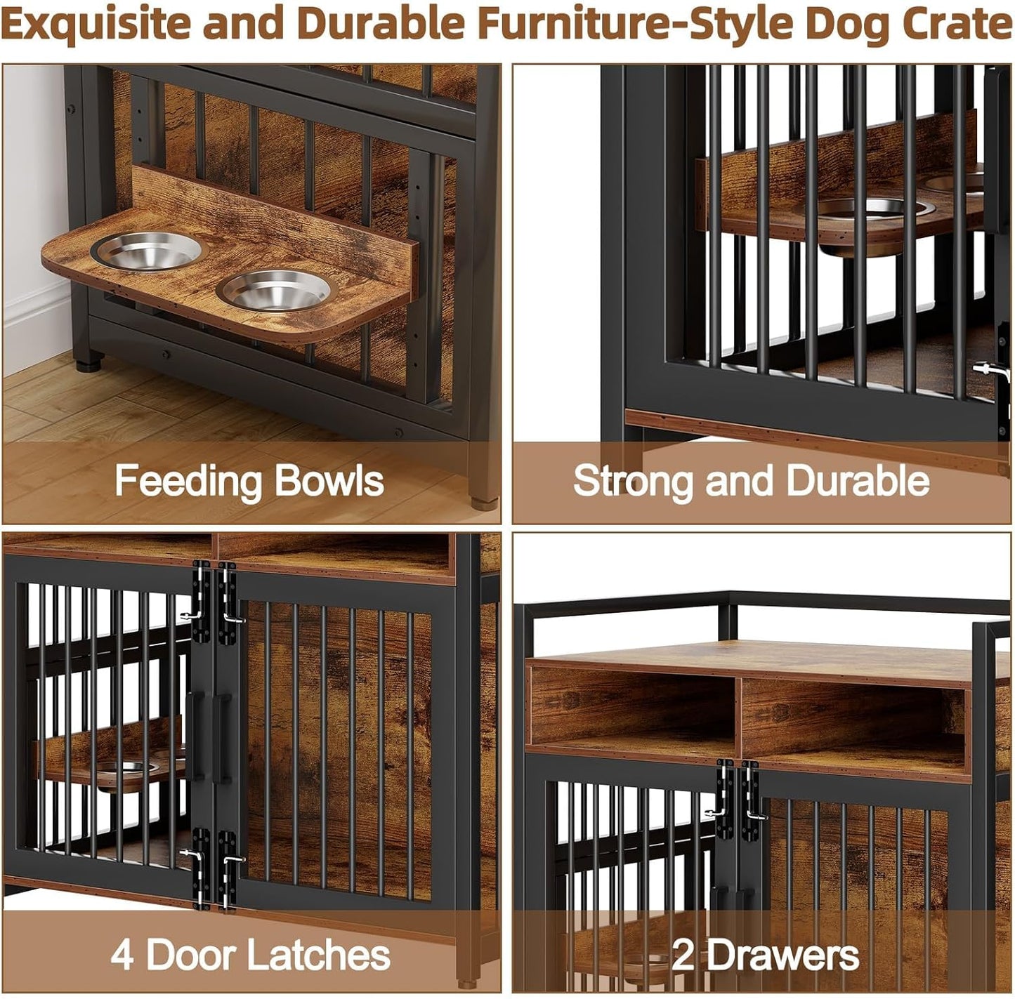 Large Dog Crate Furniture, 41 Inch Wooden Dog Crate, Heavy Duty Dogs Kennel with 2 Drawers Storage, 360° Adjustable Raised Feeder, Indoor Dogs House End Table