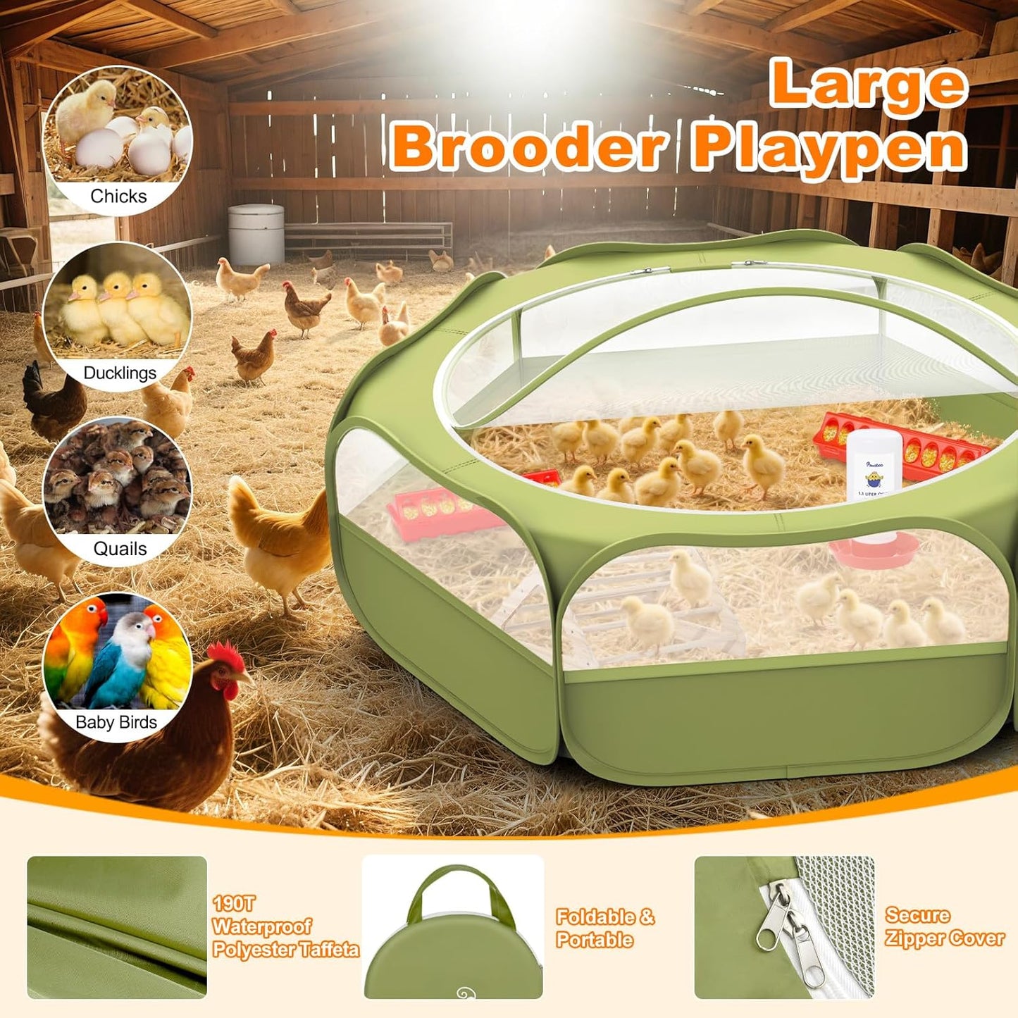 Pawaboo 6-in-1 Chicken Brooder Box for Chick Starter Kit, Includes Pet Cage Tent, Brooders Heating Plate, Chicks Perch, Feeder and 1.1L Chick Waterer, Baby Chicks Supplies (Brooder Set)