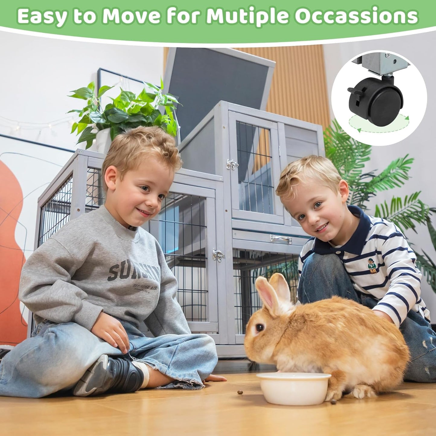 Rabbit Hutch Indoor Outdoor Bunny Cage 39" L Large 2-Story Wooden Small Animal House Enclosure with Wheels, 2 Removable Trays, Waterproof Openable Roof, Grey