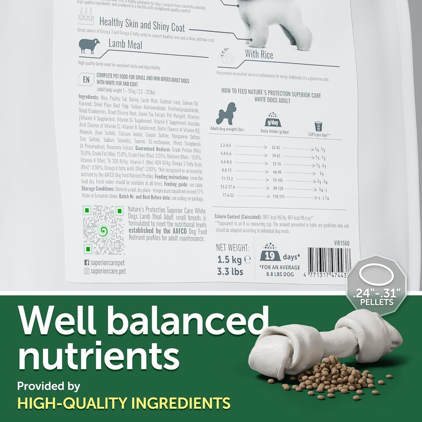 Nature's Protection Superior Care White Dogs Dry Dog Food - High Protein, Tear Stain Dog Food for Small & Mini Breeds Light Coated Adult Dogs, Fresh Pet Meal, Lamb and Rice, 3.3 lb