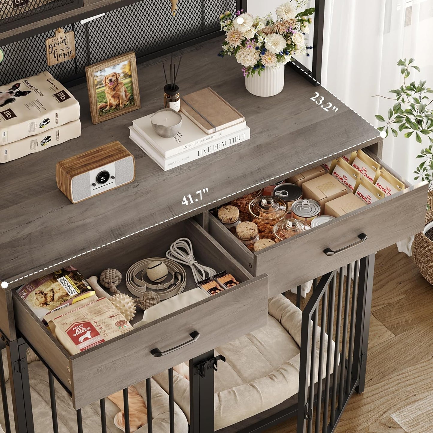 HITHOS 71" Tall Dog Crate Furniture, Indoor Dog Kennel with Hutch, 42" W Dog Cage for Large/Medium Dogs, Wood Dog Crates with 2 Storage Drawers, Heavy Duty Pet House, Ash Grey