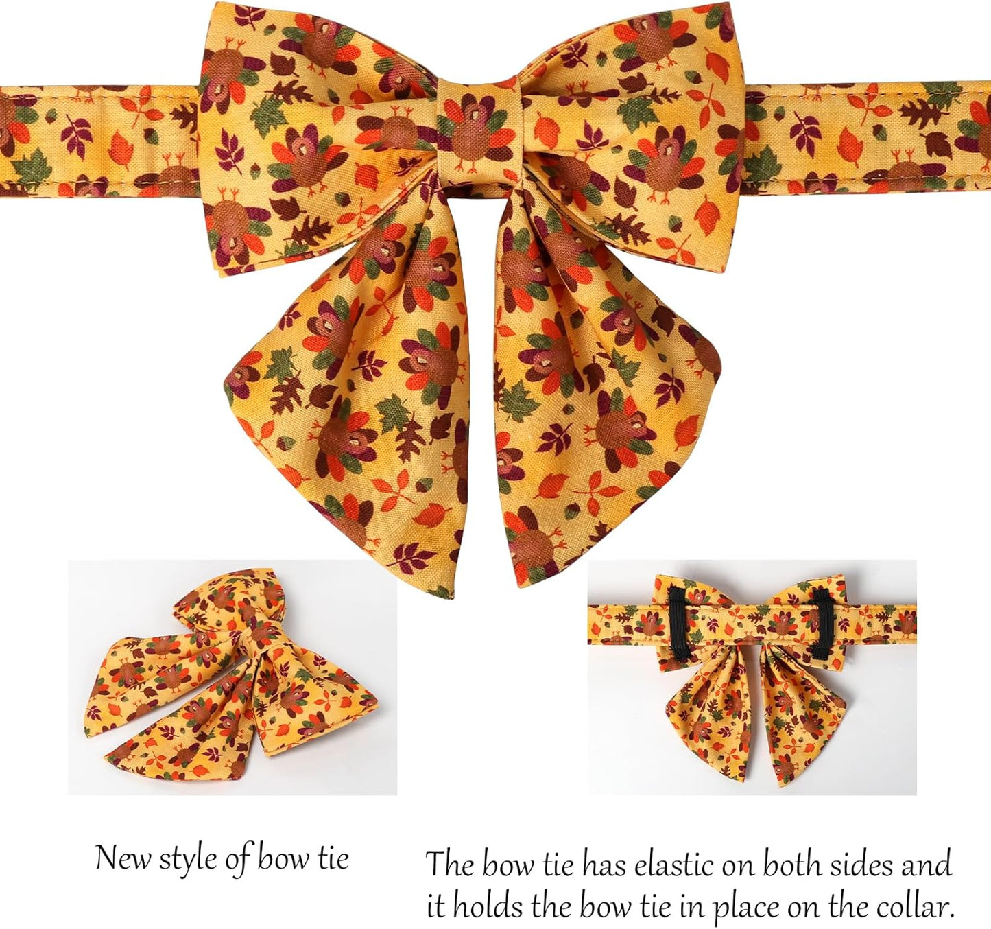 Lionet Paws Thanksgiving Day Dog Collar with Bowtie, Dogs Sailor Bow Collar with Metal Buckle for Dogs, Adjustable Comfortable Dog Collars Girl, L, Neck 16-24 in