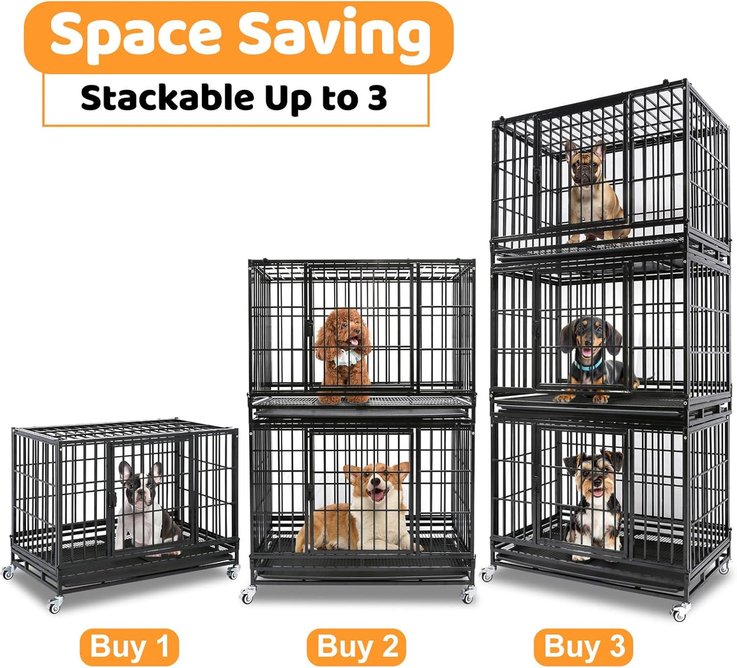 Homey Pet 37 Inch Heavy Duty Dog Crate Indestructible, Collapsible Dog Cage with Lockable Wheels, Removable Tray, High Anxiety Dog Kennel Indoor, Three Tiers Stackable Dog Crates for Medium Dogs